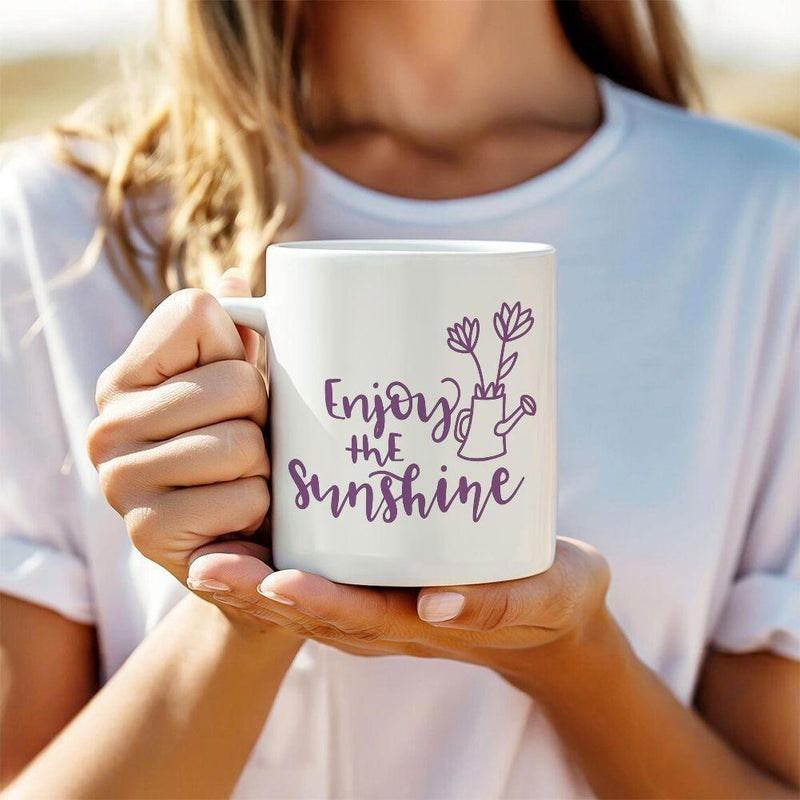 Tailorly White Ceramic 11 oz Mug - Enjoy The Sunshine Simple Minimalist Purple Line Art Sketch Of Potted Flowers In Watering Can