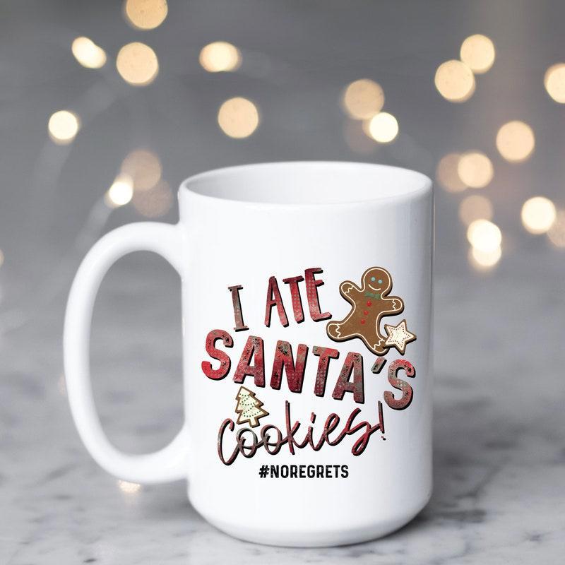 Tailorly White Ceramic 11 oz Mug - I Ate Santas Cookies No Regrets Festive Gingerbread Man With Small Star And Tree Shaped Sugary Cookie