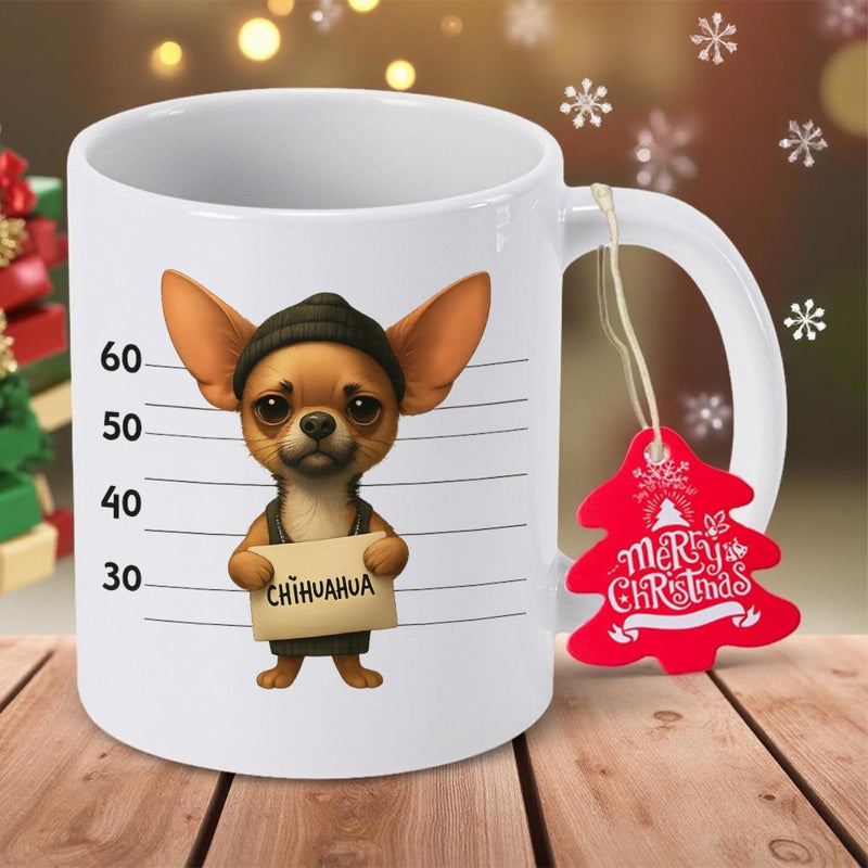 Tailorly White Ceramic 11 oz Mug - Merry Christmas Chihuahua Wearing Black Beanie Standing Against Arrest Record Height Chart Background Chihuahua