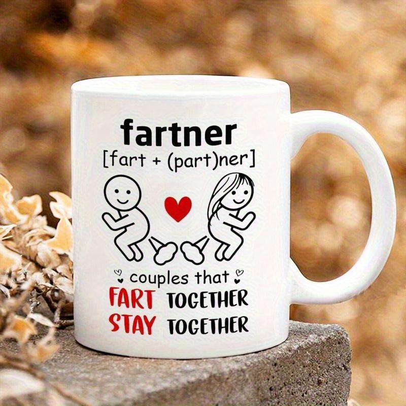 Tailorly White Ceramic 11 oz Mug - Fartner Fart Partner Couples That Fart Together Stay Together Minimalist Black Line Art Of A Cute Cartoon Stick Figure Couple