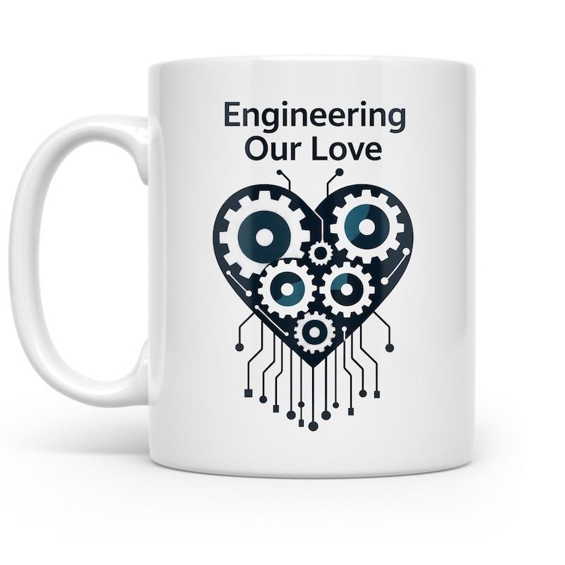 Tailorly White Ceramic 11 oz Mug - Engineering Our Love Mechanical Gears And Circuit Lines Forming A Technical Robotic Steampunk Style Heart