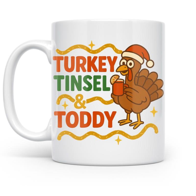 Tailorly White Ceramic 11 oz Mug - Turkey Tinsel Toddy Festive Cartoon Bird Wearing Red Santa Hat Holding Warm Drink Mug Turkey
