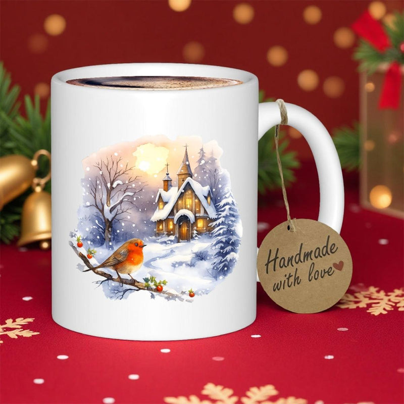 Tailorly White Ceramic 11 oz Mug - Serene Winter Forest Scene With Snowy Cottage And Robin Bird