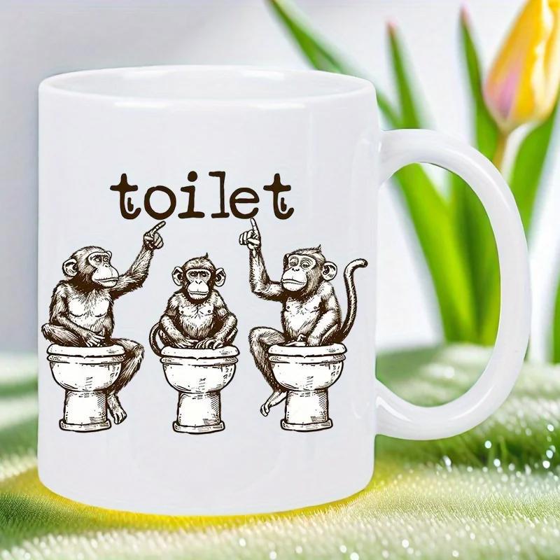 Tailorly White Ceramic 11 oz Mug - Toilet Humorous Sketch Of Three Chimpanzees Sitting On Toilets In Row Chimpanzee