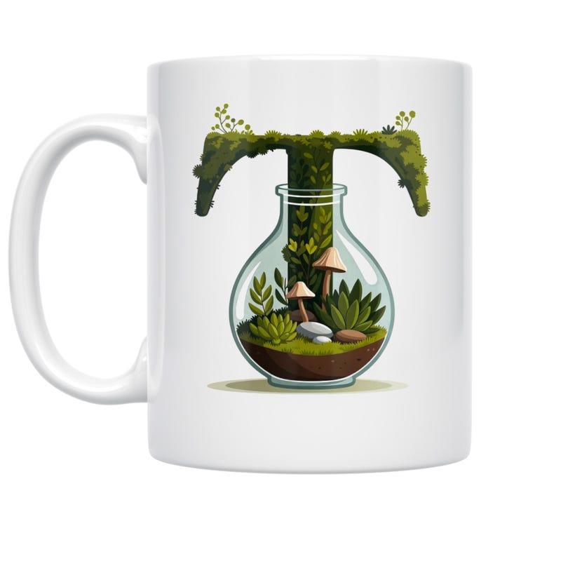 Tailorly White Ceramic 11 oz Mug - Lush Green Mossy Letter Pattern With Miniature Forest Mushrooms Inside Glass Terrarium