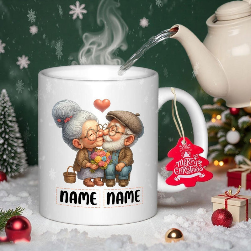 Tailorly White Ceramic 11 oz Mug - Lovely Elderly Couple Kissing Tenderly Under A Small Red Heart Mug