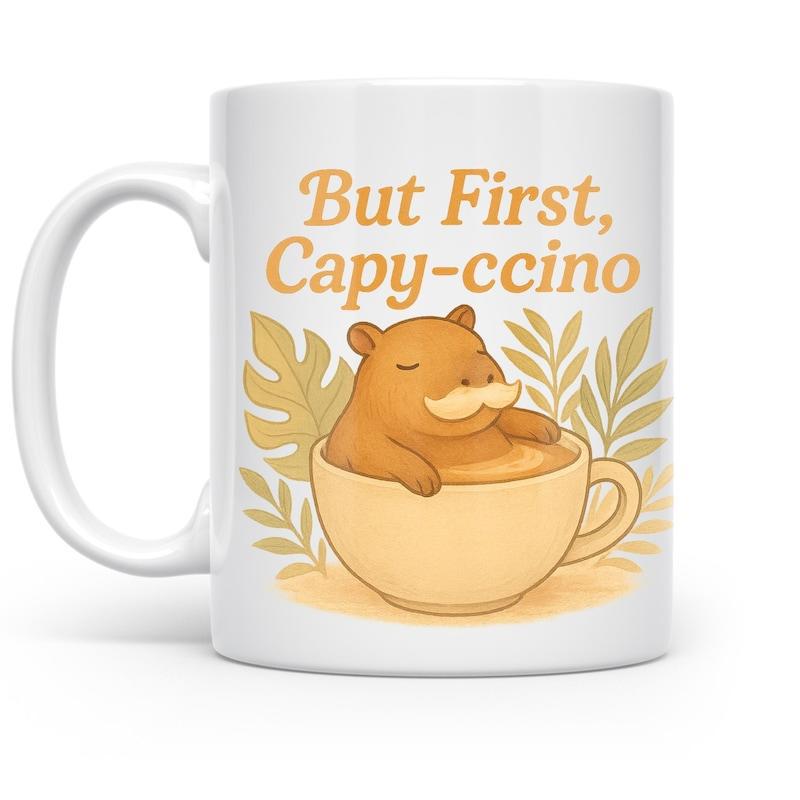 Tailorly White Ceramic 11 oz Mug - But First Capyccino Whimsical Creature Resting In Warm Beverage Surrounded By Golden Foliage Capybara