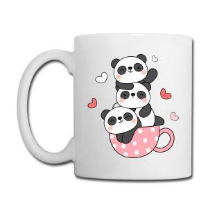 Tailorly White Ceramic 11 oz Mug - Adorable Cartoon Animals Piled Inside A Pink Polka Dot Teacup Panda