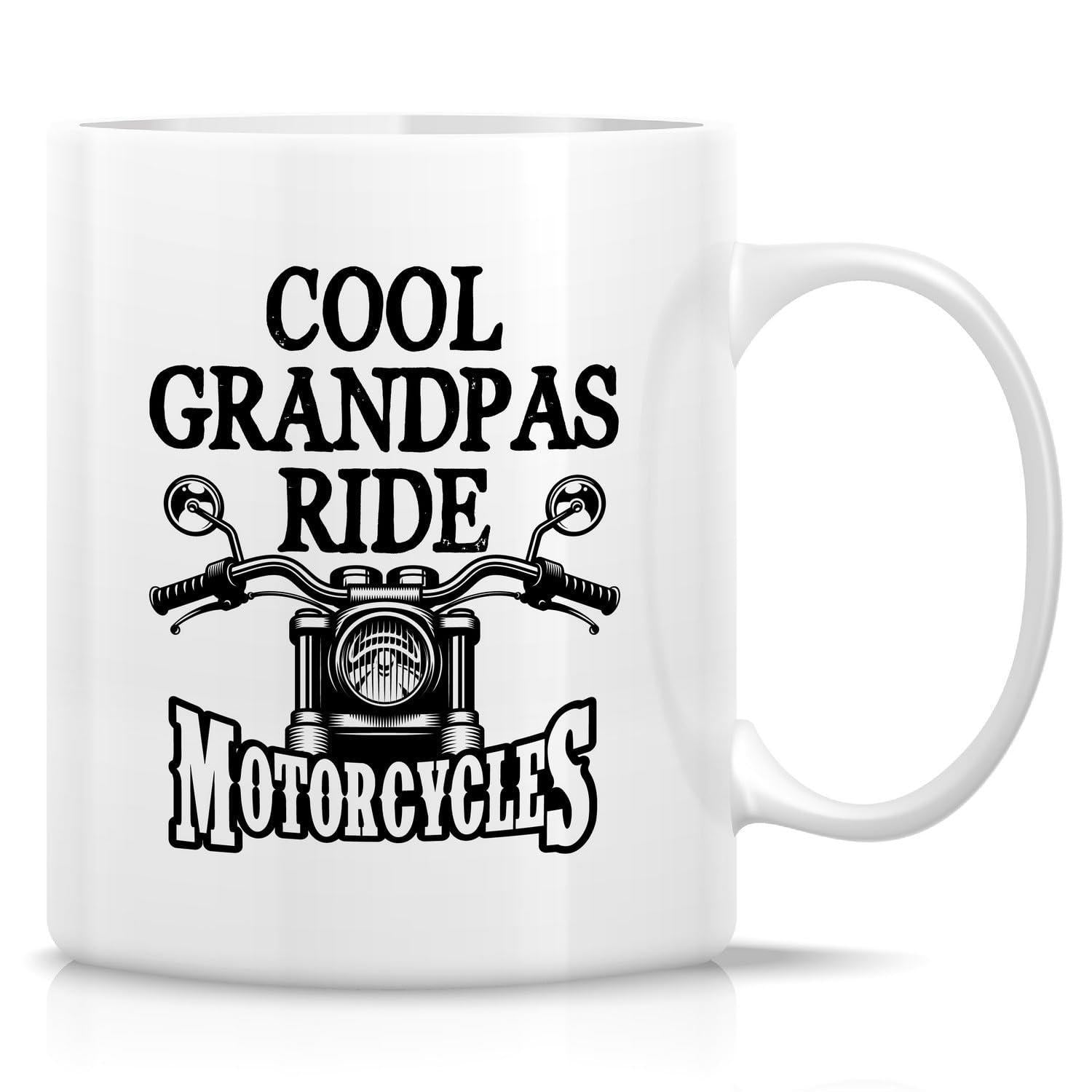 Tailorly White Ceramic 11 oz Mug - Cool Grandpas Ride Motorcycles Classic Vintage Front Handlebars With Reflective Side Mirrors Motorcycle