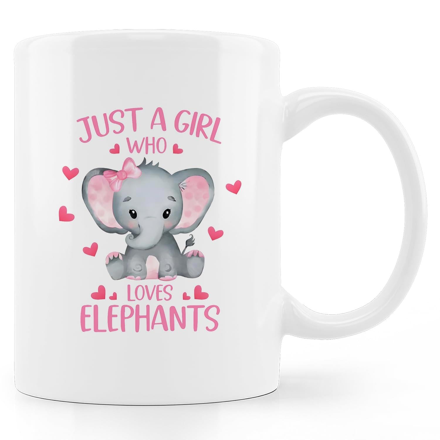 Tailorly White Ceramic 11 oz Mug - Just A Girl Who Loves Elephants Adorable Baby Elephant With Pink Bow Surrounded By Floating Hearts Elephant