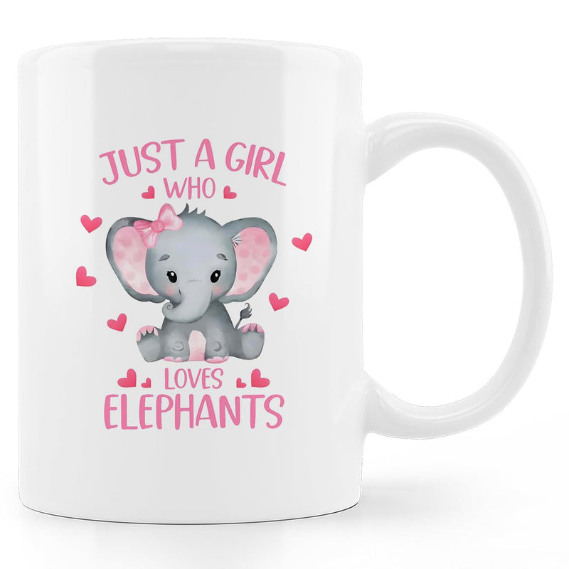 Tailorly White Ceramic 11 oz Mug - Just A Girl Who Loves Elephants Adorable Baby Elephant With Pink Bow Surrounded By Floating Hearts Elephant