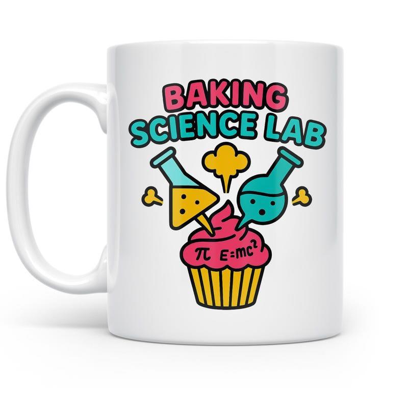 Tailorly White Ceramic 11 oz Mug - Baking Science Lab Scientific Flasks Pouring Liquid Into A Sweet Frosted Gourmet Cupcake