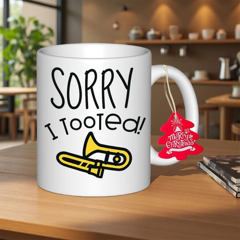 Tailorly White Ceramic 11 oz Mug - Sorry I Tooted Cartoon Yellow Musical Instrument With Bold Black Outlines Trombone