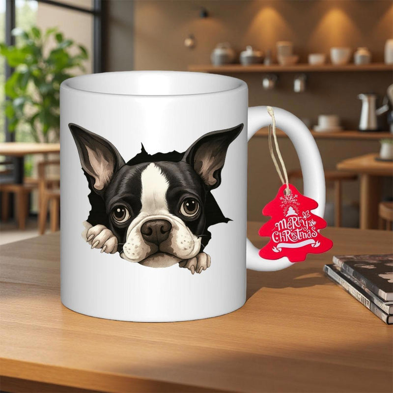 Tailorly White Ceramic 11 oz Mug - Merry Christmas Adorable Black And White Puppy Peeking Over A Smooth White Edge Dog