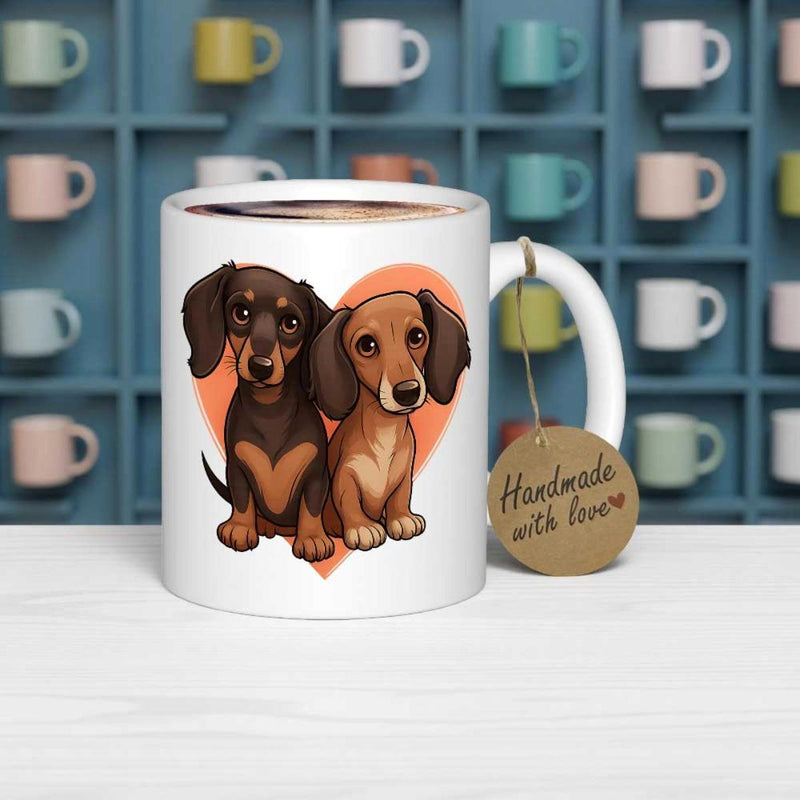 Tailorly White Ceramic 11 oz Mug - Handmade With Love Two Adorable Dachshund Puppies Sitting Together Inside A Large Peach Heart Dachshund