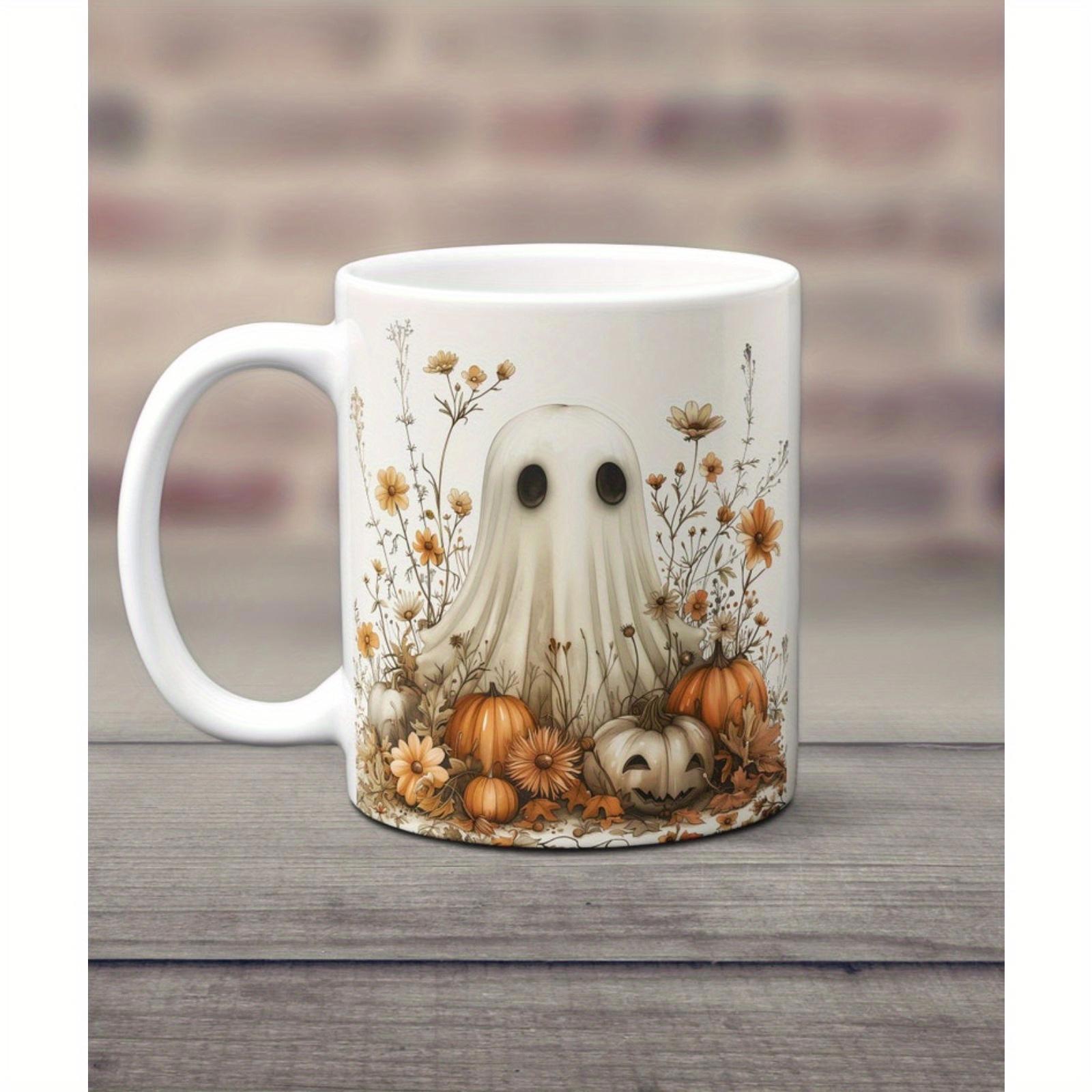 Tailorly White Ceramic 11 oz Mug - Tiny Cute Ghost Standing Among Autumn Pumpkins And Dried Wildflowers Ghost
