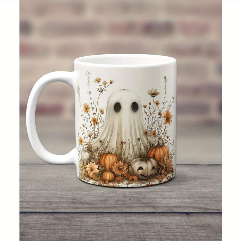 Tailorly White Ceramic 11 oz Mug - Tiny Cute Ghost Standing Among Autumn Pumpkins And Dried Wildflowers Ghost