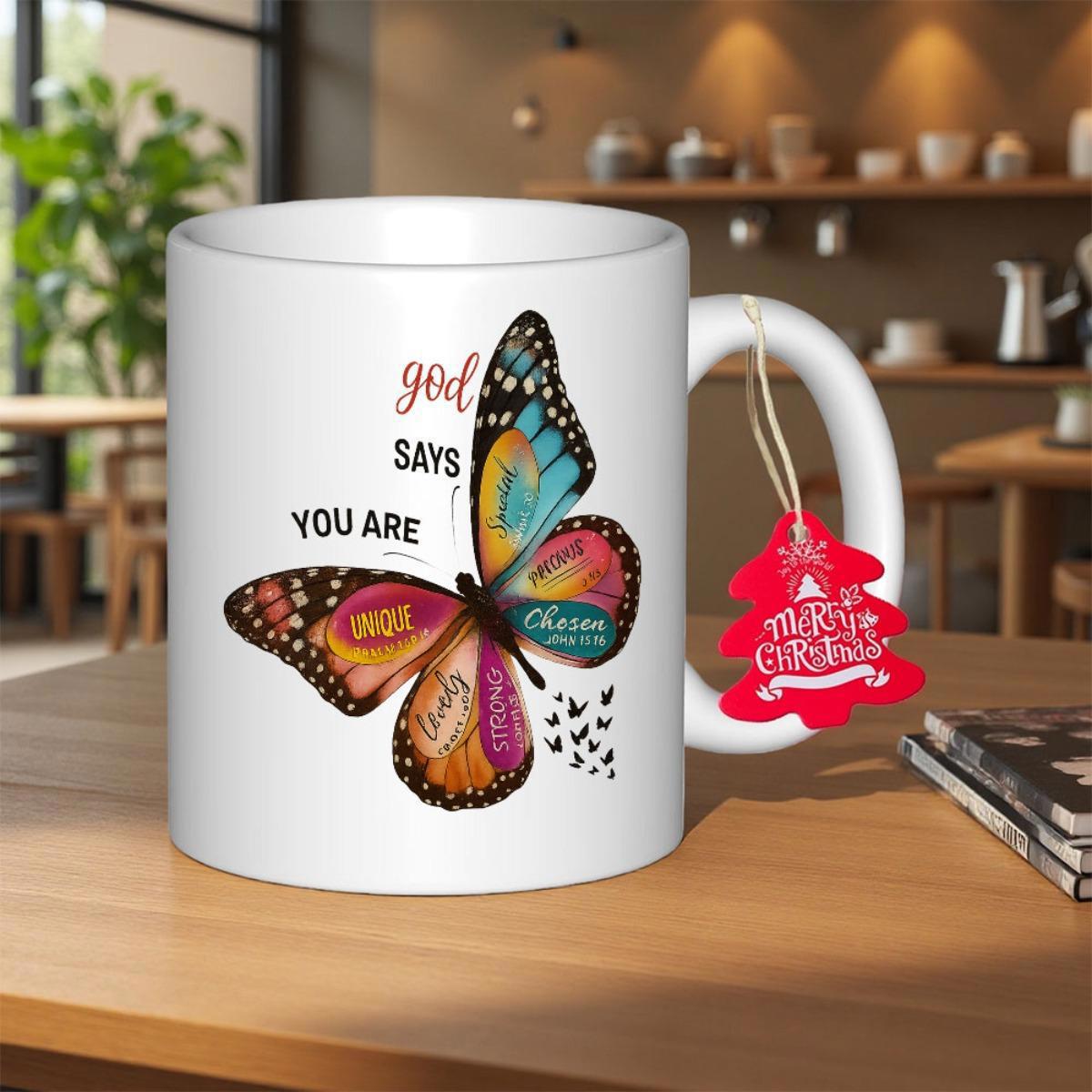 Tailorly White Ceramic 11 oz Mug - God Says You Are Vibrant Colorful Patterned Wings With Inspirational Words Majestic Butterfly