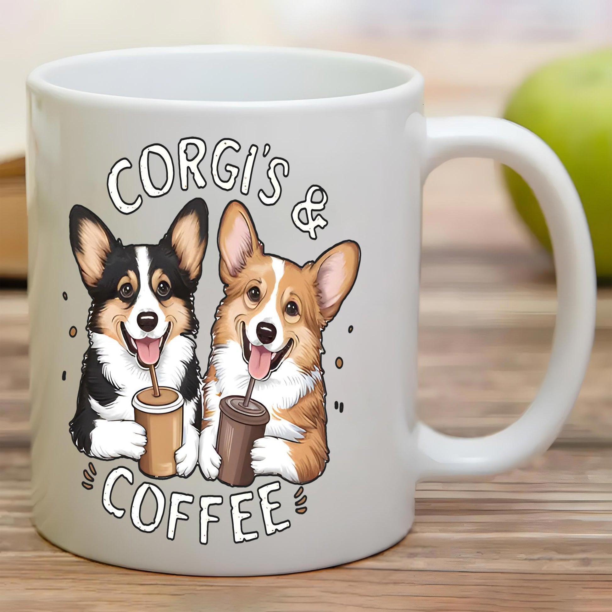 Tailorly White Ceramic 11 oz Mug - Corgis Coffee Smiling Cartoon Dogs Holding Cups With Straws On White Background Corgi