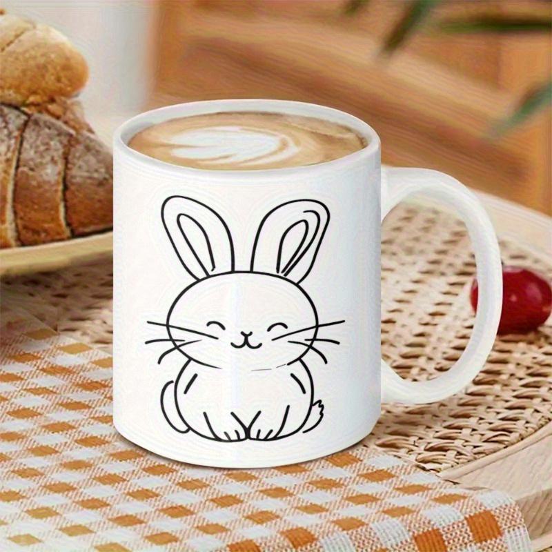 Tailorly White Ceramic 11 oz Mug - Minimalist Hand Drawn Style With Cute Smiling Face And Long Ears Rabbit