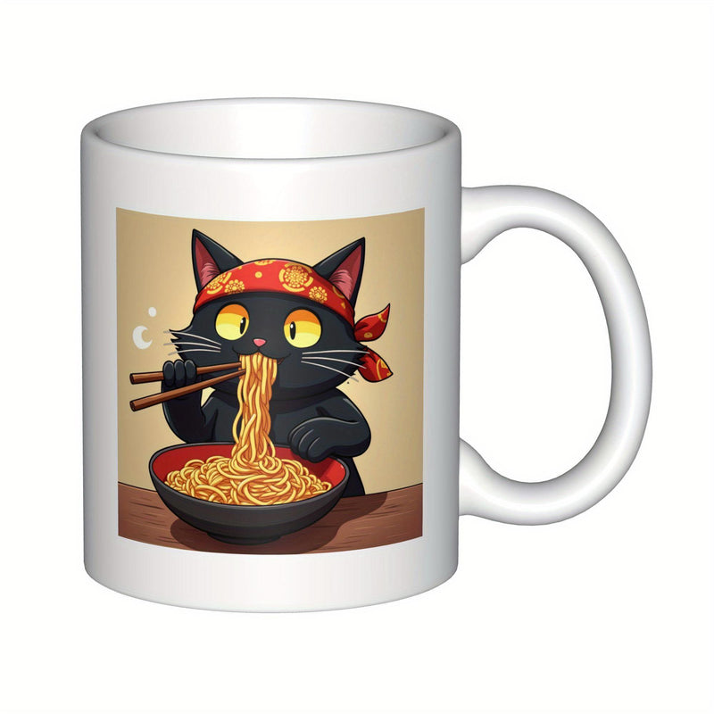 Tailorly White Ceramic 11 oz Mug - Cute Black Kitten Wearing Red Bandana Eating Delicious Ramen From Bowl Cat
