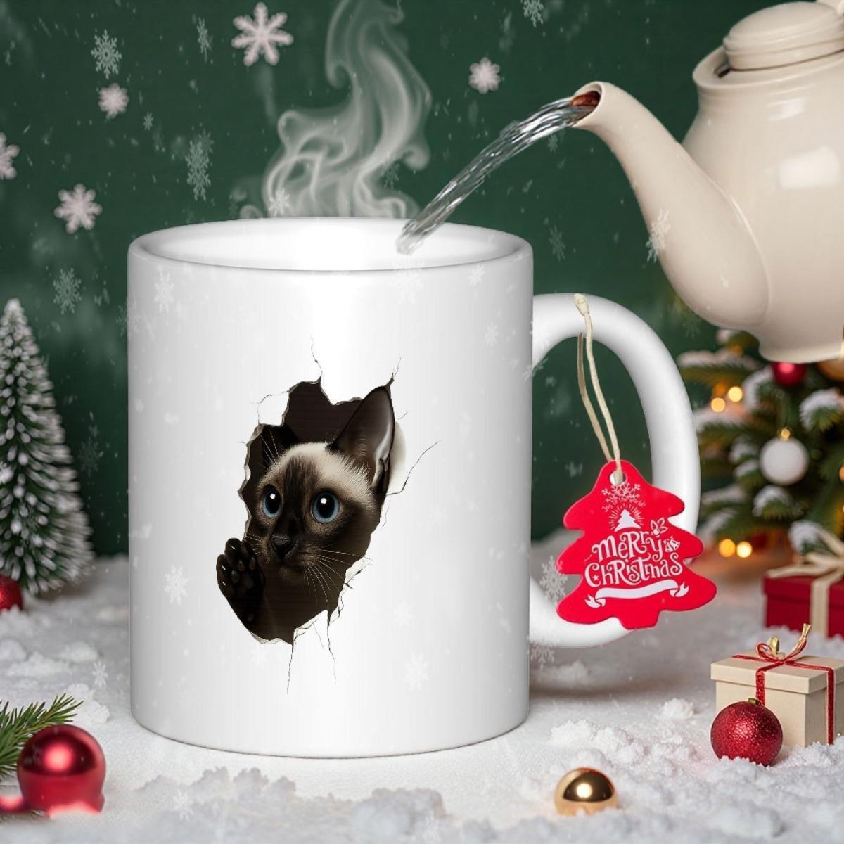 Tailorly White Ceramic 11 oz Mug - Merry Christmas Realistic Siamese Peeking Through A Dramatic Torn Paper Hole Cat