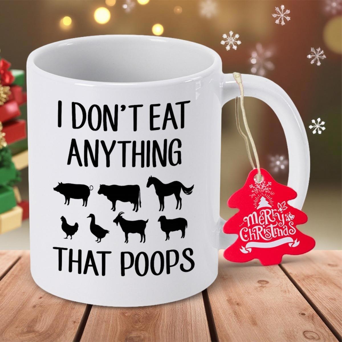 Tailorly White Ceramic 11 oz Mug - I Dont Eat Anything That Poops Minimalist Black Silhouettes Representing A Diverse Collection Of Farm Animals