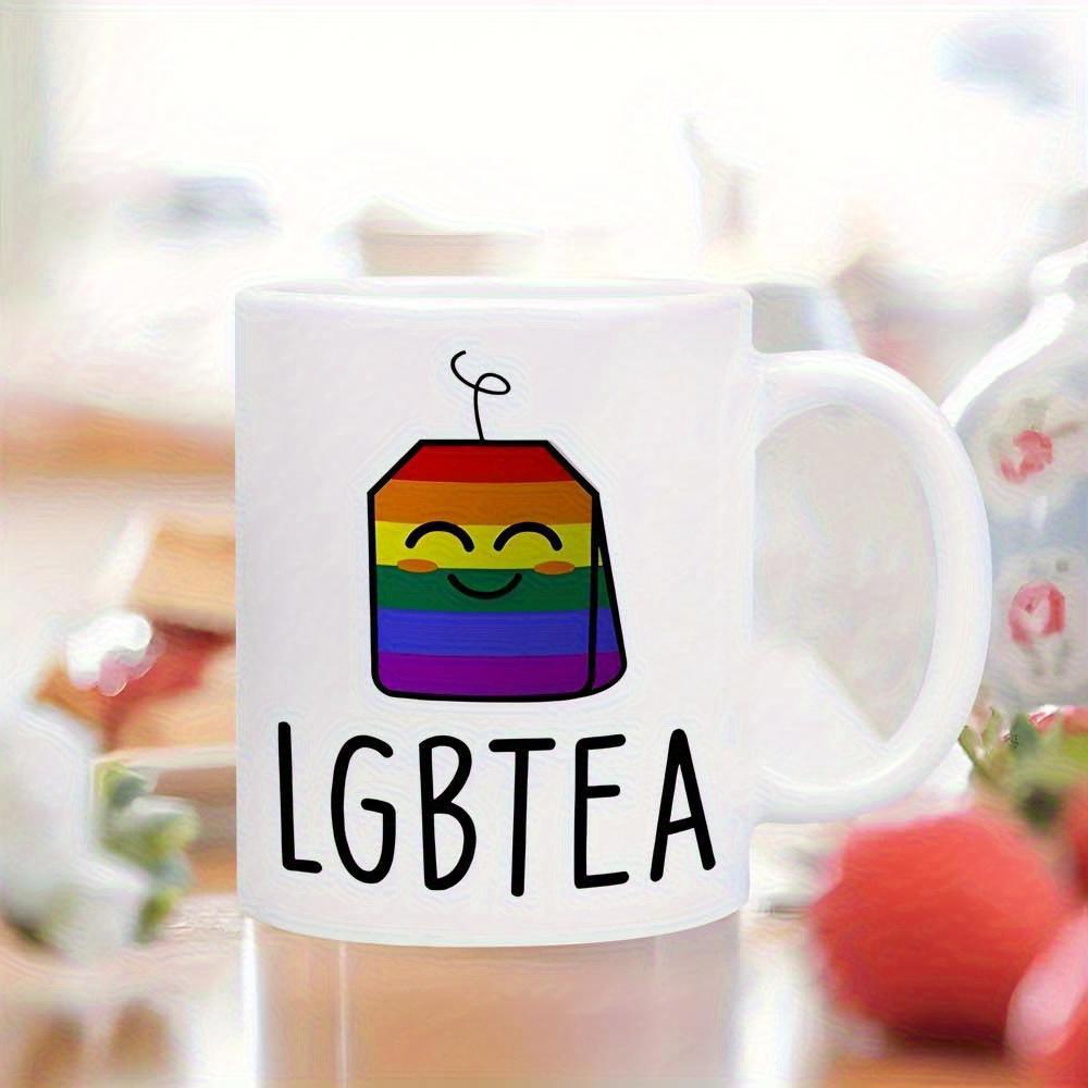 Tailorly White Ceramic 11 oz Mug - LGBTEA Cute Smiling Character In Vibrant Rainbow Pride Colors Showing Joy Teabag