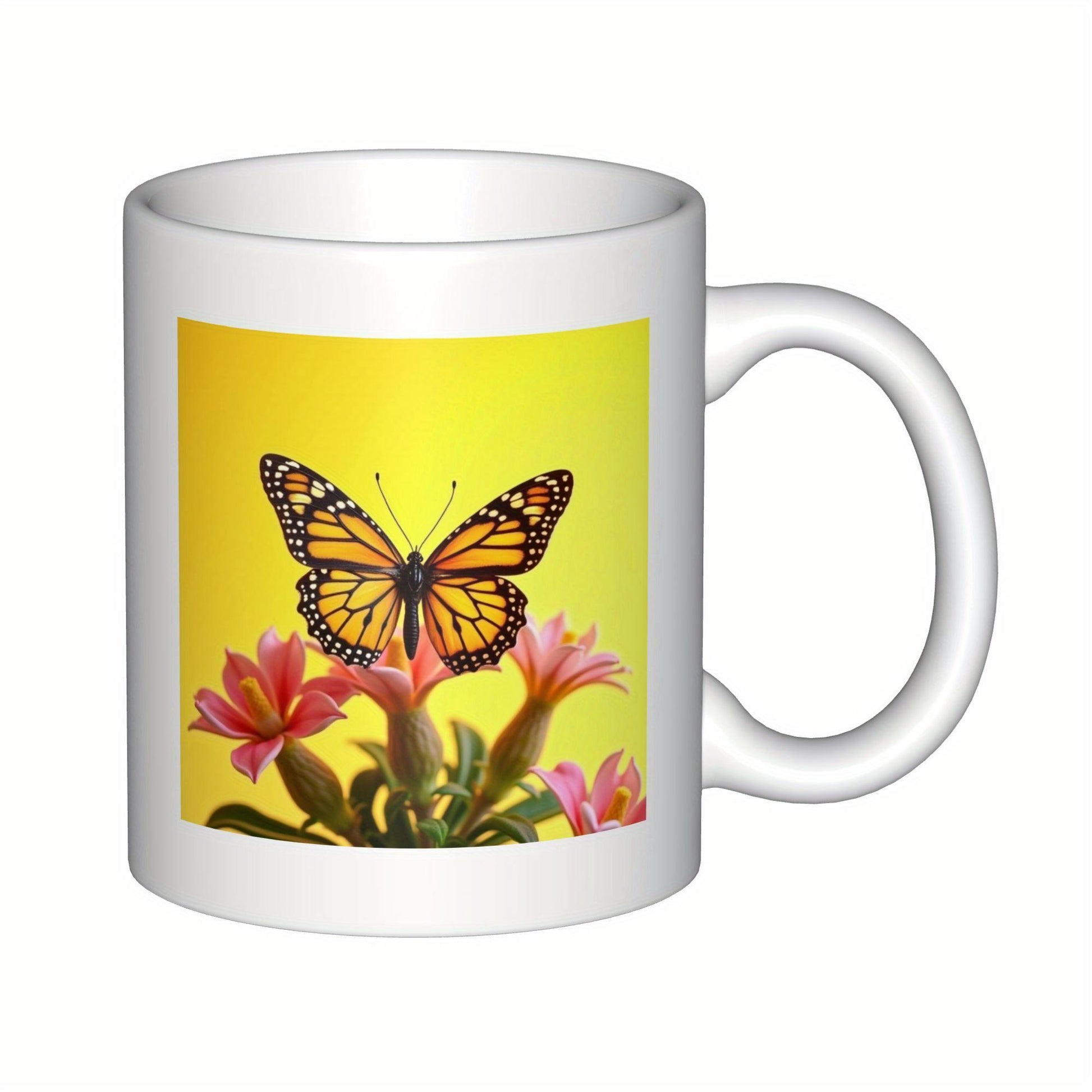 Tailorly White Ceramic 11 oz Mug - Vibrant Orange Monarch Resting Atop Pink Blossoms Under Golden Sunlit Sky Butterfly