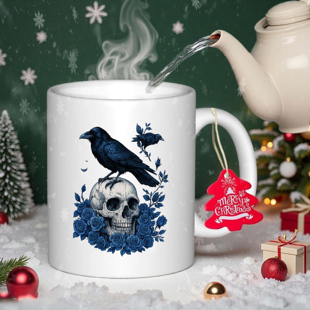 Tailorly White Ceramic 11 oz Mug - Mystical Dark Raven Perched Upon Gothic Skull Among Blooming Blue Roses Raven