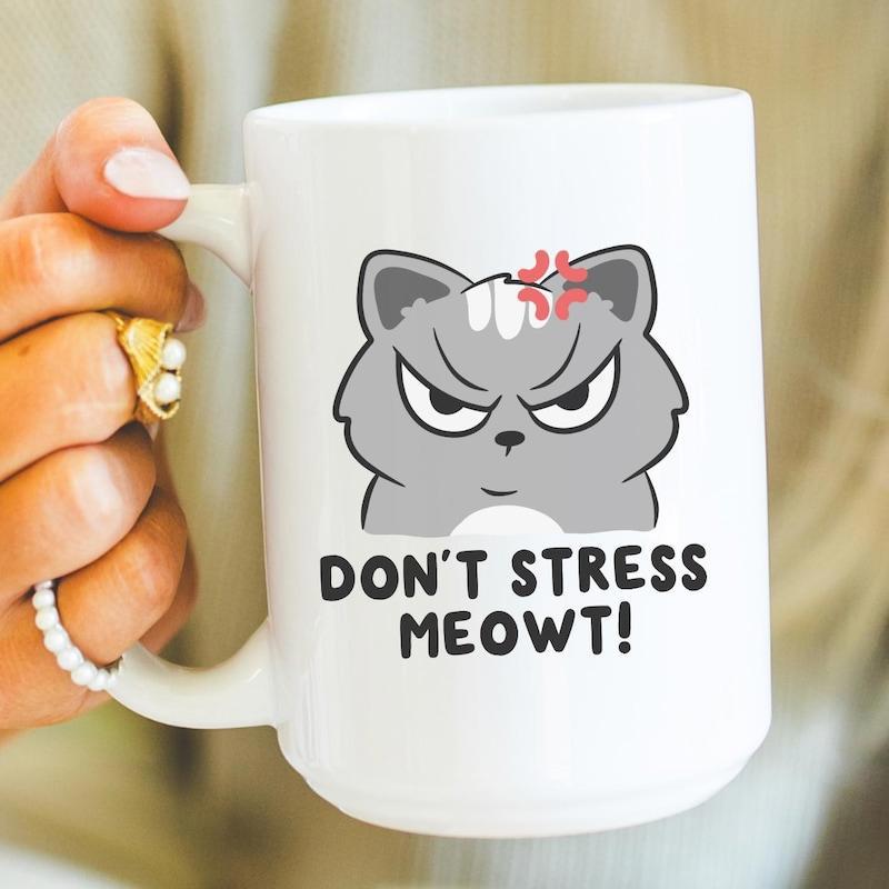 Tailorly White Ceramic 11 oz Mug - Don't Stress Meowt Grumpy Grey Cartoon Cat Face With Red Anger Symbol Feeling Annoyed Cat