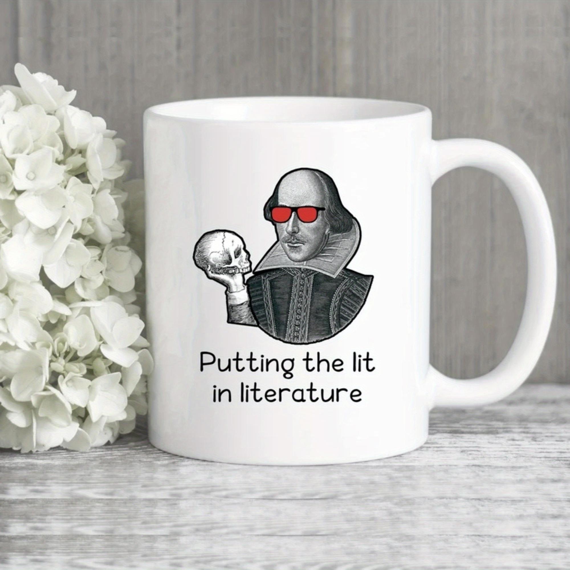 Tailorly White Ceramic 11 oz Mug - Putting The Lit In Literature Iconic Playwright Wearing Red Sunglasses Holding A Human Skull While Smirking Shakespeare
