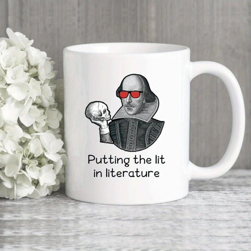 Tailorly White Ceramic 11 oz Mug - Putting The Lit In Literature Iconic Playwright Wearing Red Sunglasses Holding A Human Skull While Smirking Shakespeare