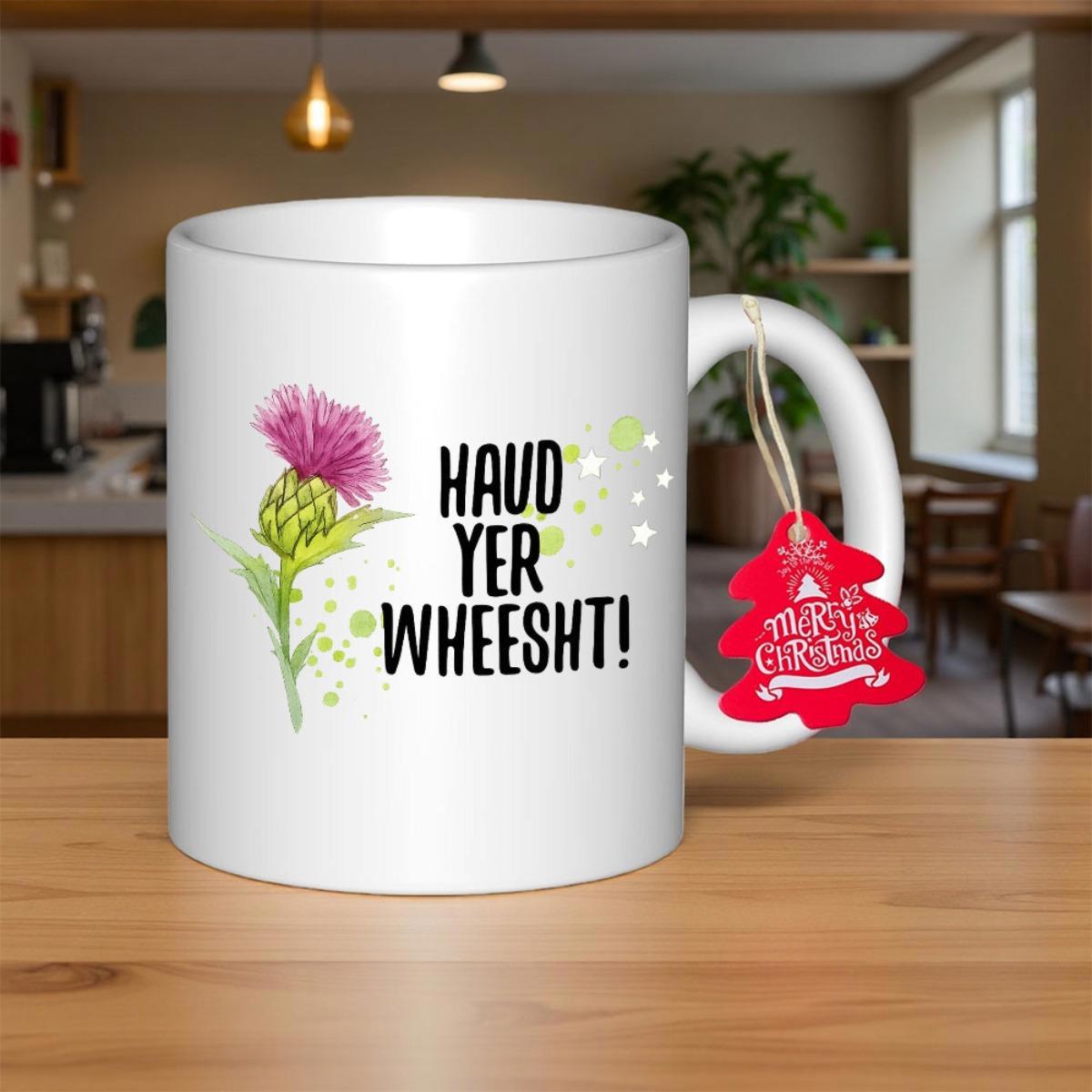 Tailorly White Ceramic 11 oz Mug - Haud Yer Wheesht Merry Christmas Blooming Purple Scottish Thistle Surrounded By Subtle Artistic Ink Splatters Thistle