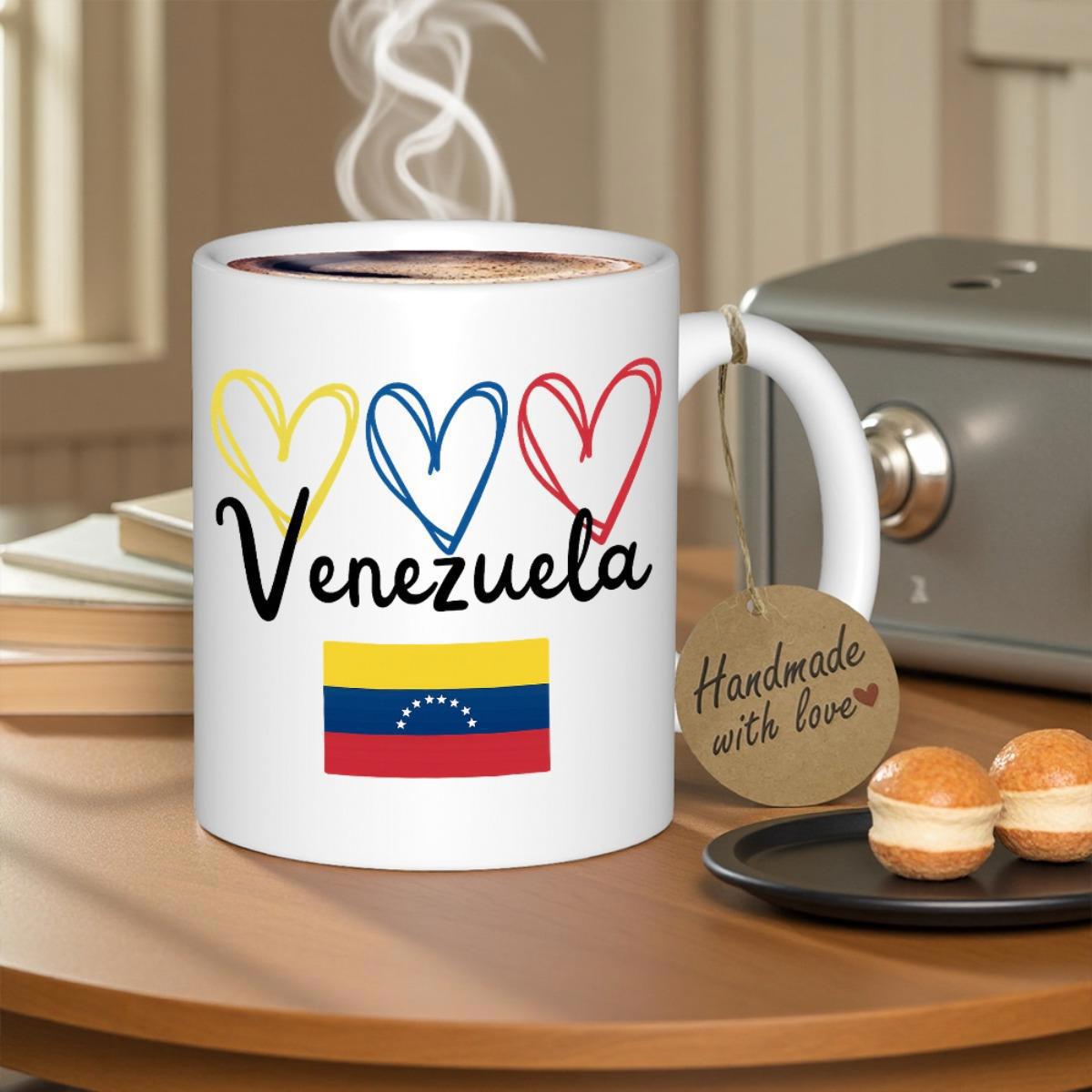 Tailorly White Ceramic 11 oz Mug - Venezuela Three Hand Drawn Hearts In National Colors Over A National Flag Heart