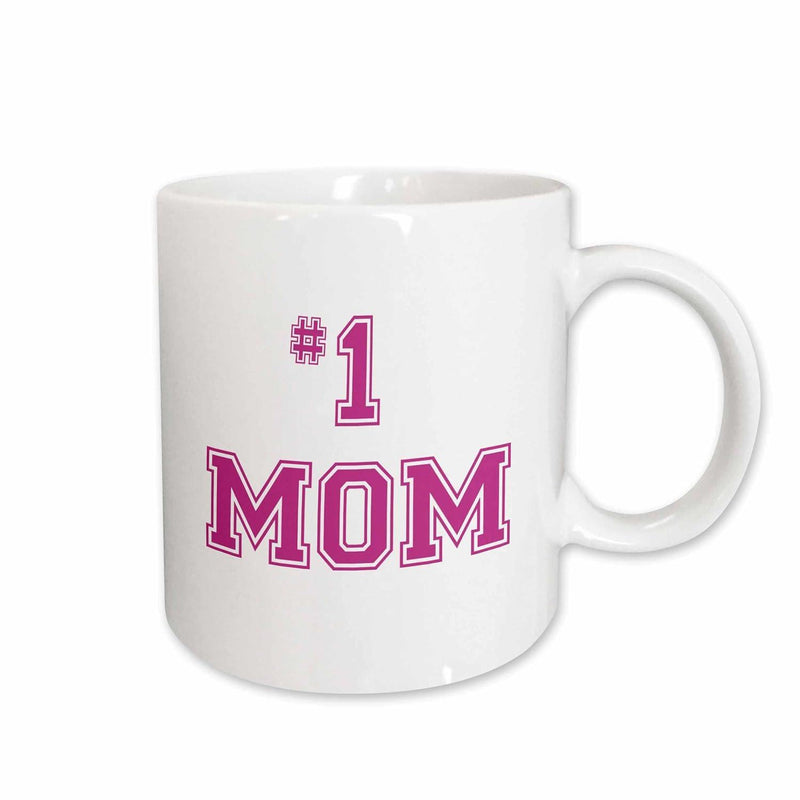 Tailorly White Ceramic 11 oz Mug - Number 1 Mom Pink Varsity Style Letters With White Outline Centered On Surface Mug