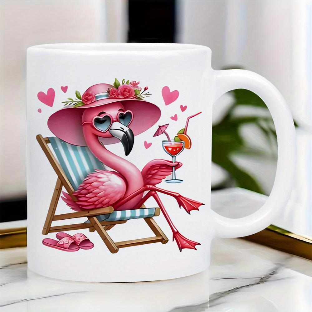 Tailorly White Ceramic 11 oz Mug - Stylish Pink Summer Bird Resting On Beach Chair Holding Tropical Cocktail Flamingo