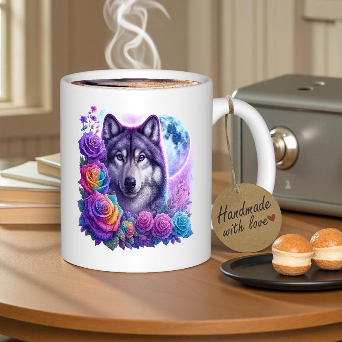Tailorly White Ceramic 11 oz Mug - Handmade With Love Majestic Husky Surrounded By Vibrant Rainbow Roses Under A Full Moon Wolf