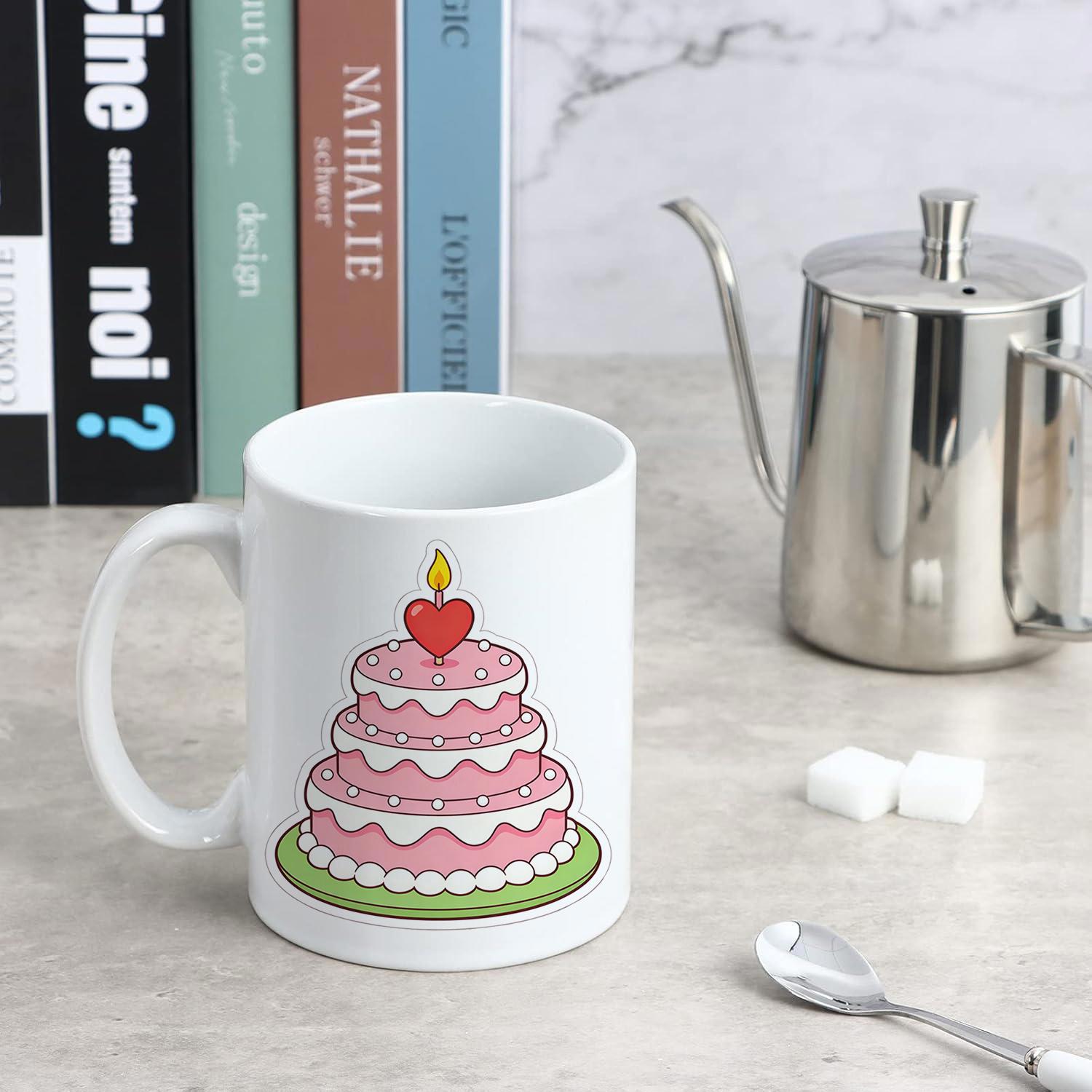Tailorly White Ceramic 11 oz Mug - Delicious Pink Three Tiered Celebration With A Glowing Heart Candle Cake