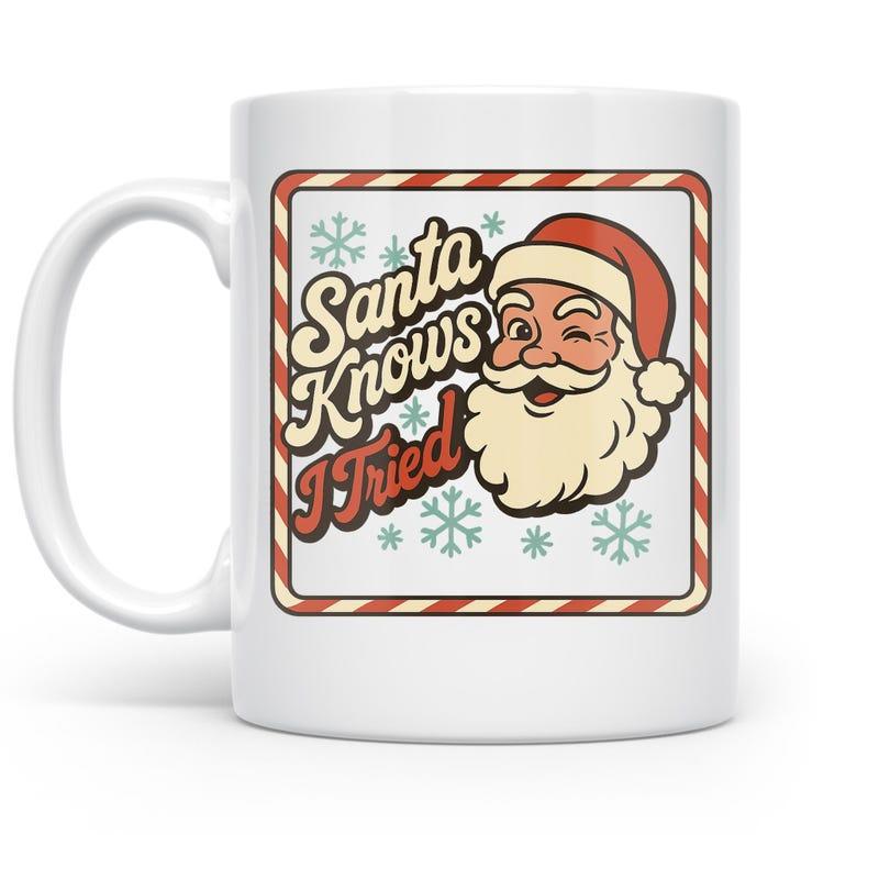 Tailorly White Ceramic 11 oz Mug - Santa Knows I Tried Vintage Winking Character Surrounded By Snowflakes And Festive Candy Border Santa Claus