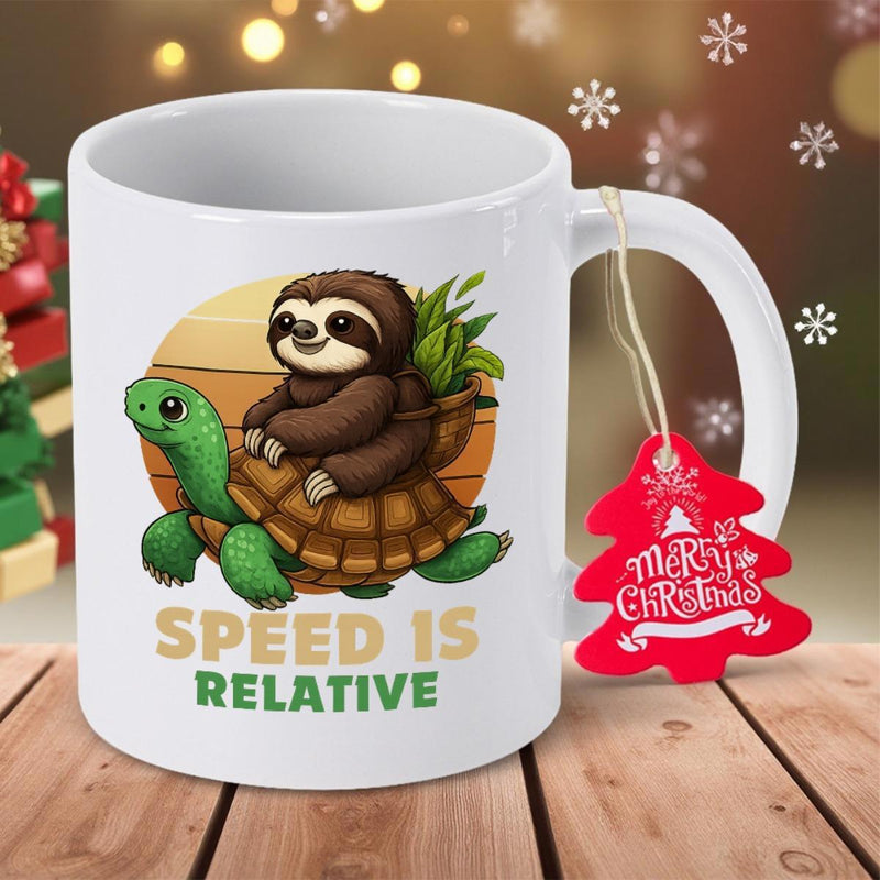Tailorly White Ceramic 11 oz Mug - Speed Is Relative Cute Brown Sloth Sitting On Top Of A Moving Green Tortoise