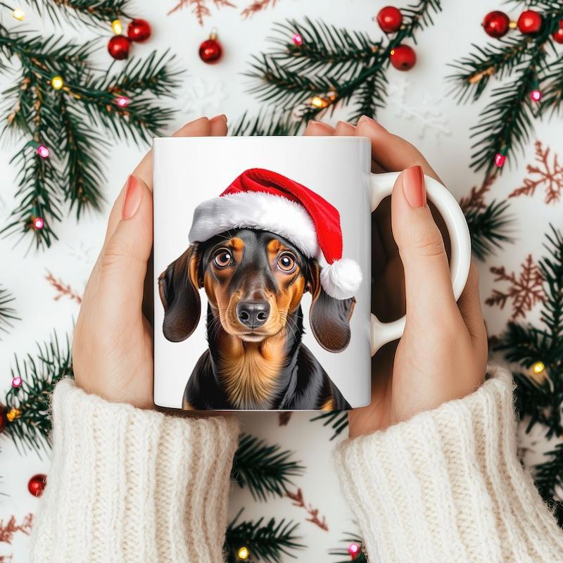 Tailorly White Ceramic 11 oz Mug - Adorable Black And Tan Puppy Wearing Red Festive Christmas Santa Hat Dachshund