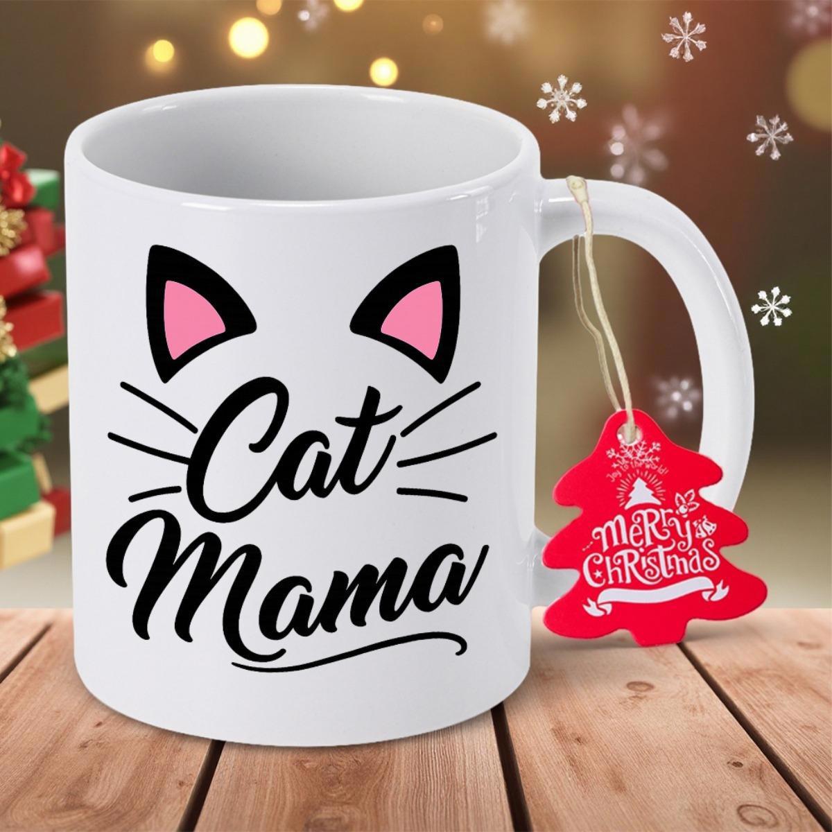 Tailorly White Ceramic 11 oz Mug - Cat Mama Minimalist Stylized Pink Inner Ears With Delicate Whiskers Design Cat