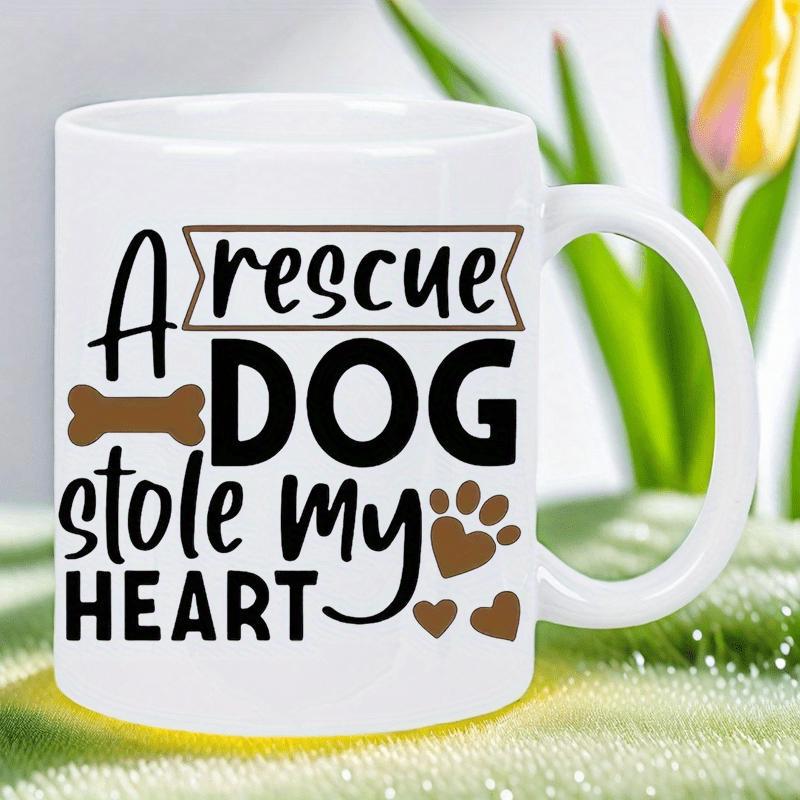 Tailorly White Ceramic 11 oz Mug - A Rescue Dog Stole My Heart Rustic Banner With Bone Paw Print And Floating Hearts Heart