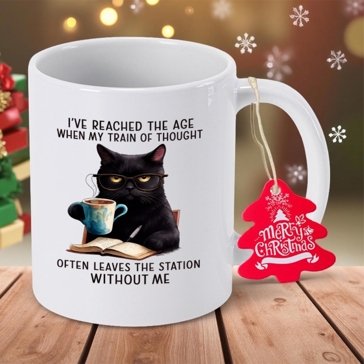 Tailorly White Ceramic 11 oz Mug - Ive Reached The Age When My Train Of Thought Often Leaves The Station Without Me Grumpy Intellectual Feline Wearing Glasses