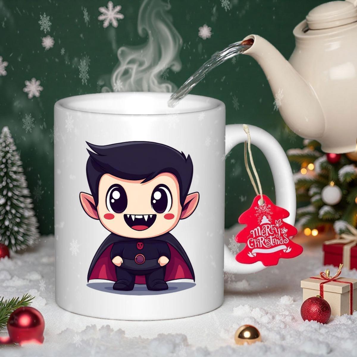 Tailorly White Ceramic 11 oz Mug - Cute Little Chibi Character With Dark Purple Cape And Pointy Ears Vampire