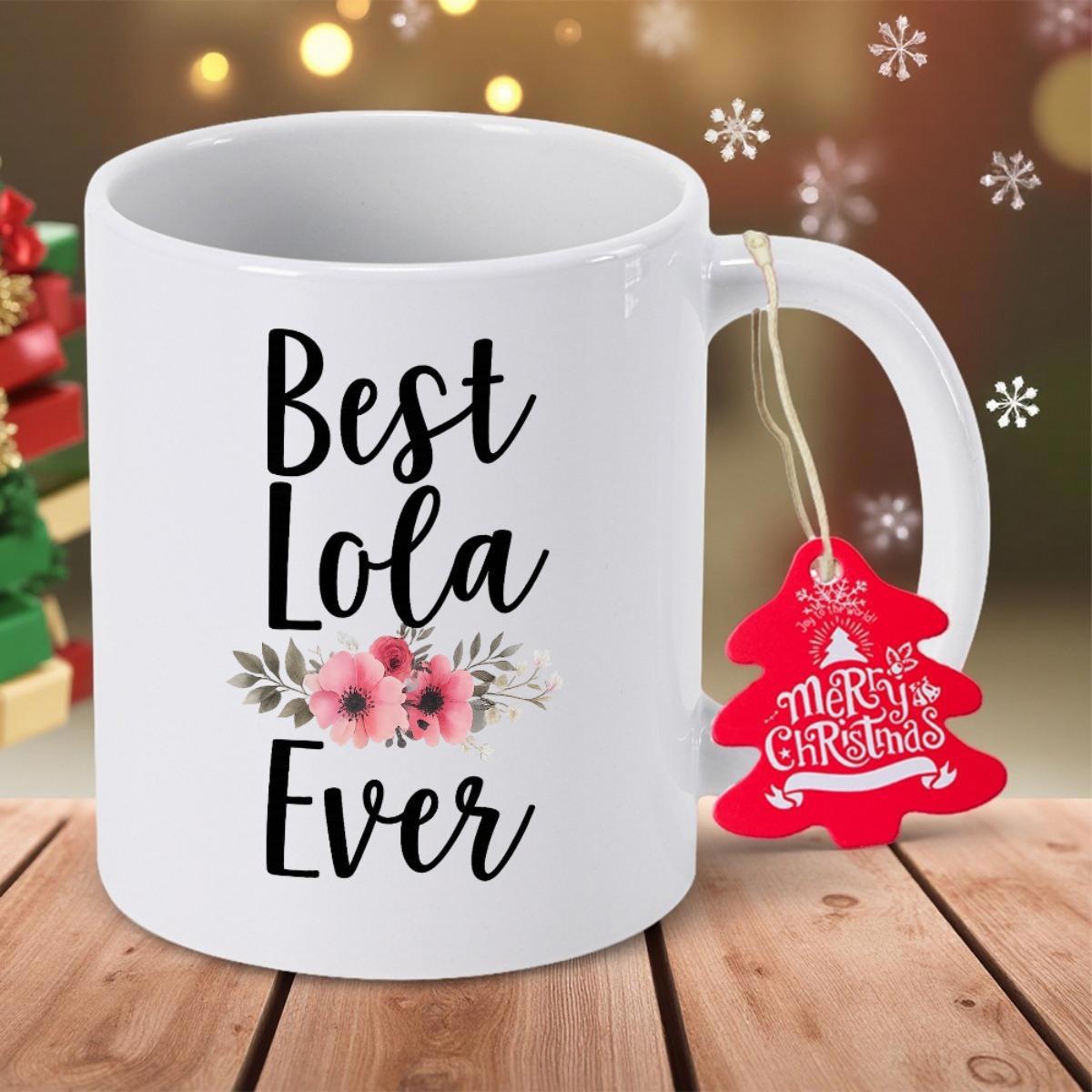 Tailorly White Ceramic 11 oz Mug - Best Lola Ever Blooming Pink Flowers Nestled Between Elegant Script And Serif Mug