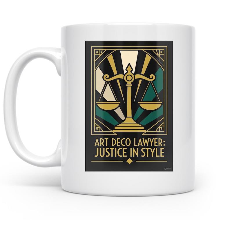 Tailorly White Ceramic 11 oz Mug - Art Deco Lawyer Justice In Style Symmetrical Golden Scales Of Justice Standing Before Geometric Sunburst Pattern Rays Scale