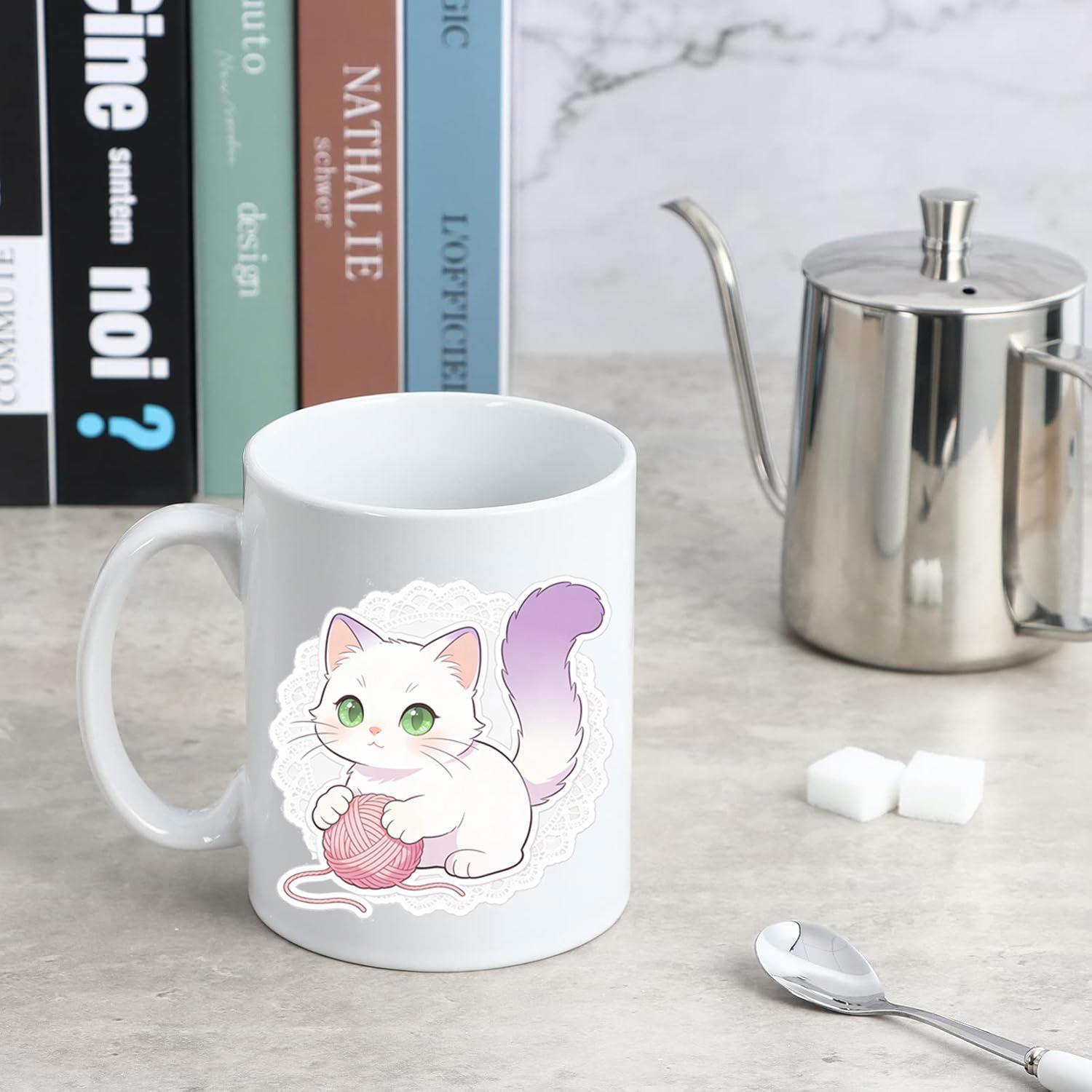 Tailorly White Ceramic 11 oz Mug - Cute Fluffy White Kitten Playing With A Pink Yarn Ball Cat