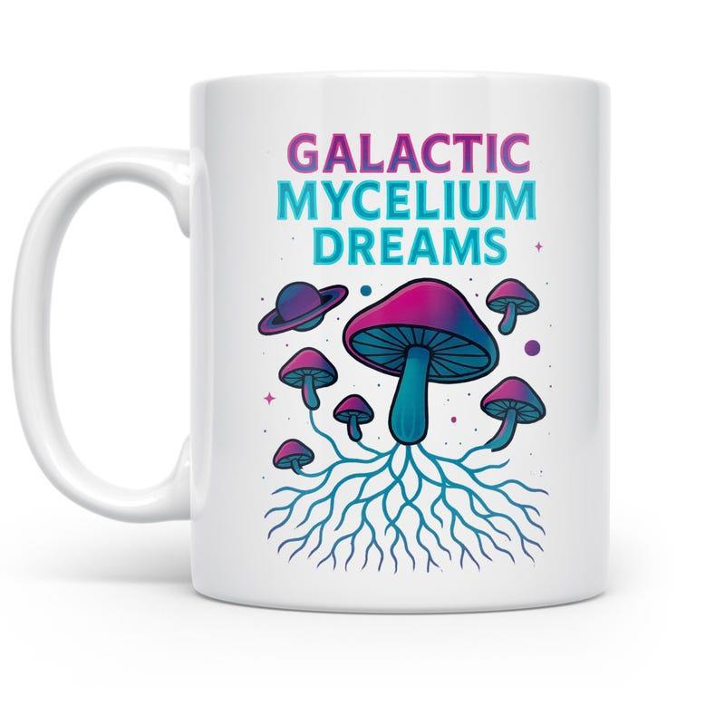 Tailorly White Ceramic 11 oz Mug - Galactic Mycelium Dreams Vibrant Purple And Teal Space Mushrooms Growing With Intricate Root Systems Mushroom